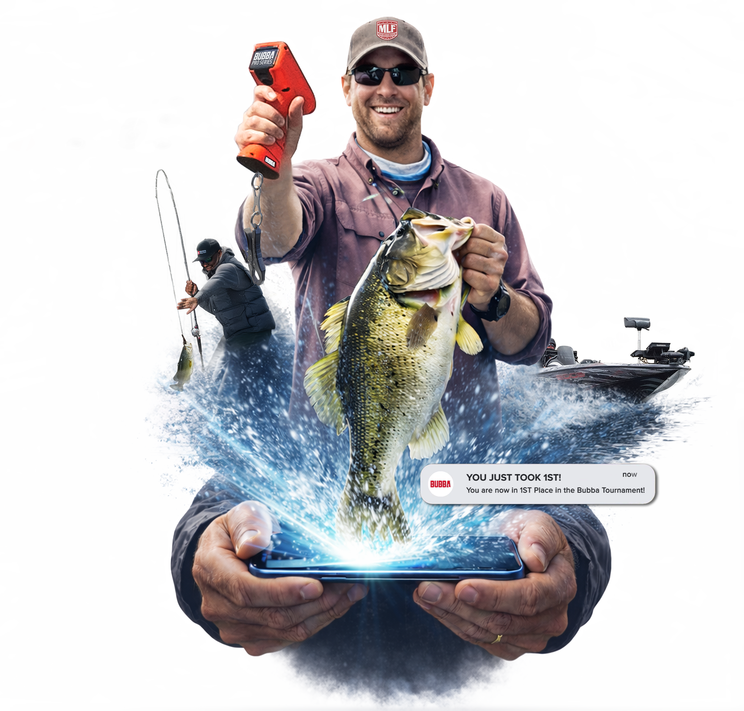 ScoreTracker Live — angler holding bass with phone, water splash, and bass boat